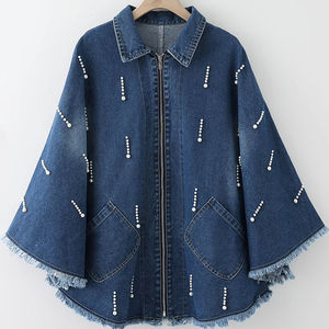 Embellished <b>Loose</b> Denim Coat | Women's Casual Cloak-Style Jacket Zipper Non-Stretch Fabric Solid Color Spring/Fall Season - Product Image 1