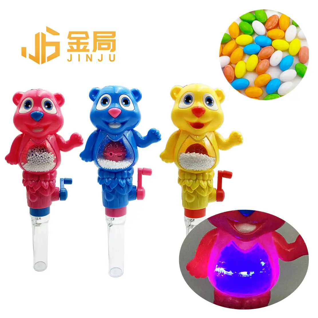 Venta caliente mano luz nieve oso plástico caramelo juguetes colorido mano operado iluminación juguete