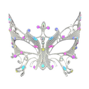 Masque de soirée papillon en dentelle argentée en plastique avec strass multicolores, demi-masque pour les yeux - Product Image 1