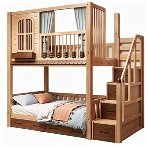 Lit superposé pour enfants avec escalier de rangement, maisonnette en bois massif, lit mezzanine avec tiroirs et rideaux pour garçons et filles - Product Image 1
