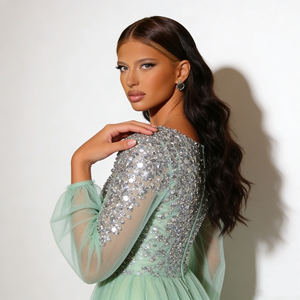 Abiti Eleganti da Donna alla Moda <span class=keywords><strong>in</strong></span> <span class=keywords><strong>Tulle</strong></span> Verde Menta Chiaro con Paillettes, Scollo a V Profondo, Maniche Lunghe Trasparenti e Lunghezza fino a Terra - Product Image 6