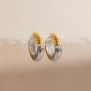 <b>Huggie</b> Earrings Gold <b>Silver</b> Color Block White Rhinestone Stainless Steel Everyday Wear Geometric Design - Product Image 4