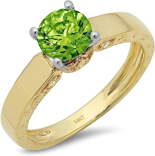 2 Tone Gold Brilliant Round Stunning Genuine Flawless Natural Green Peridot Gem Designer Modern 14k Gold Ring Jewelry