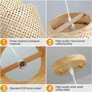 Lampadario Artigianale a Sospensione Intrecciato per Isola Cucina Sala da Pranzo Soggiorno Portico Lampada a Sospensione in Bambù Paralume in Vimini Rattan - Product Image 3