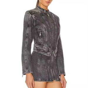 Nuevo Diseño Conjunto de Jeans de Mezclilla de Alta Calidad para Mujer, Chaqueta Corta Sexy con Cremallera, Falda en Línea A, Jeans de Mezclilla Deslavados con Efecto Ácido, Traje de Jeans para Mujer - Product Image 2