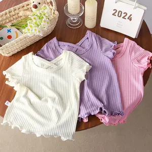 2024 नई लड़कियों की छोटी आस्तीन वाली टी-शर्ट कमल आस्तीन विदेशी एयर आइस सिल्क टी-शर्ट लेस ग्रीष्मकालीन ठोस रंग का कोरियाई संस्करण