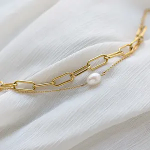 Pulseira de joias da moda por atacado em aço inoxidável 18K banhada a ouro com corrente de pérolas em camadas de água doce