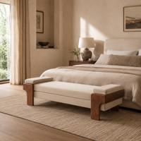 Banc de chambre pratique en chêne vintage américain, ottoman rembourré pour le pied de lit, élément de design intérieur de luxe pour suite parentale