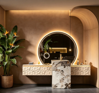 Meuble-lavabo mural de luxe léger, armoire en relief 3D, support en marbre Pandora, miroir LED intelligent rond
