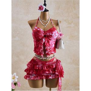 Conjunto de bikini de 3 piezas con estampado Tie Dye y falda con volantes para mujer de FOXA, en spandex elástico y poliéster. - Product Image 5