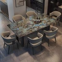 Juego de Comedor Rectangular Grande de Mármol Negro con Vetas Doradas y Estructura de Metal Negro