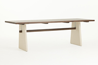 Ensemble de salle à manger en bois d'orme Japandi, plateau de table rectangulaire extra long, base et banc minimalistes en microciment