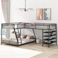 Litera Triple de Metal en Forma de L con Cama Alta, Escritorio, Barandillas y Escaleras