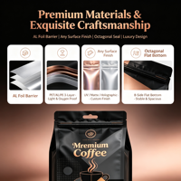 Sachet d'emballage à huit soudures latérales en feuille d'aluminium haute barrière, fond plat, refermable avec fermeture éclair et trou de suspension pour grains de café