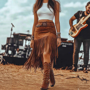 <span class=keywords><strong>Gonna</strong></span> Midi Estiva da Donna Stile Western Retrò con <span class=keywords><strong>Frange</strong></span>, Vita Alta, in Finta Pelle Scamosciata, Tinta Unita, Vestibilità Slim, Modello a Trapezio - Vendita all'Ingrosso - Product Image 6