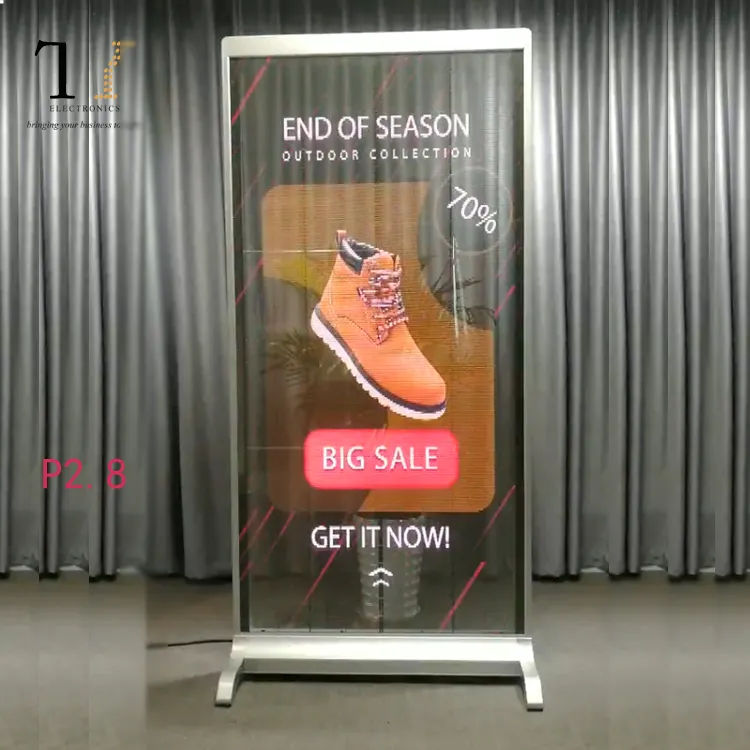 Alta-qualità P2.8 LED dello schermo trasparente verticale pubblicità poster display che può essere controllato da telefono cellulare