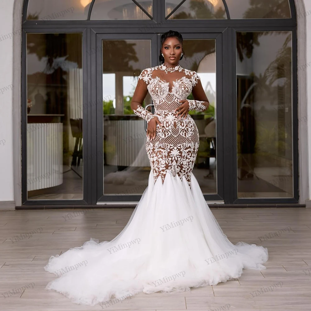 Africa Mermaid Wedding Dresses 2026 Lace Appliques Long Train Dresses  Illusion Sleeve O-Neck Customized Bridal Wedding Gowns| Alibaba.com