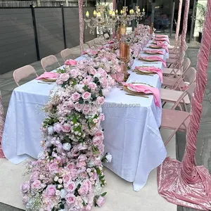Promise Outdoor Wedding Decoration Silk Artificial Pink Flower Runner Long Wedding Runner
