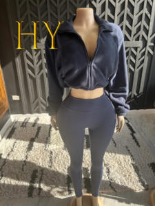 女性用2ピーススポーツセットスパンデックス/ナイロンスキニーフィットクイックドライ通気性カジュアルワークアウトヨガレギンス & ジャケット - Product Image 3