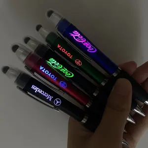 branded name plastic ballpoint promotional gift Led light glow in the dark pen engraved custom logo smart pen promotion