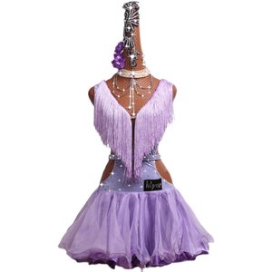 Vestido de Competición de Baile Latino para Mujer Adulta 2026, Estilo con Borlas, Falda Plisada con Flecos en Morado Claro - Product Image 5