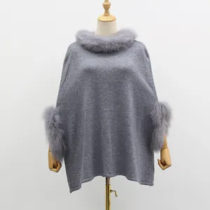 패션 캐주얼 이동식 여우 모피 트림 따뜻한 니트 양모 풀오버 겨울 스웨터 여성