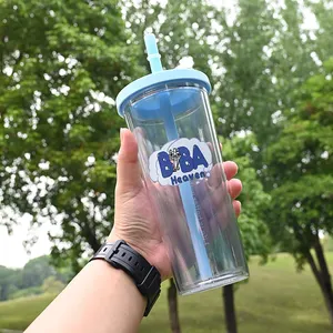 Cangkir teh gelembung bening 16oz dinding ganda logo kustom 24oz dapat digunakan kembali plastik tumbler kopi dengan tutup dan sedotan