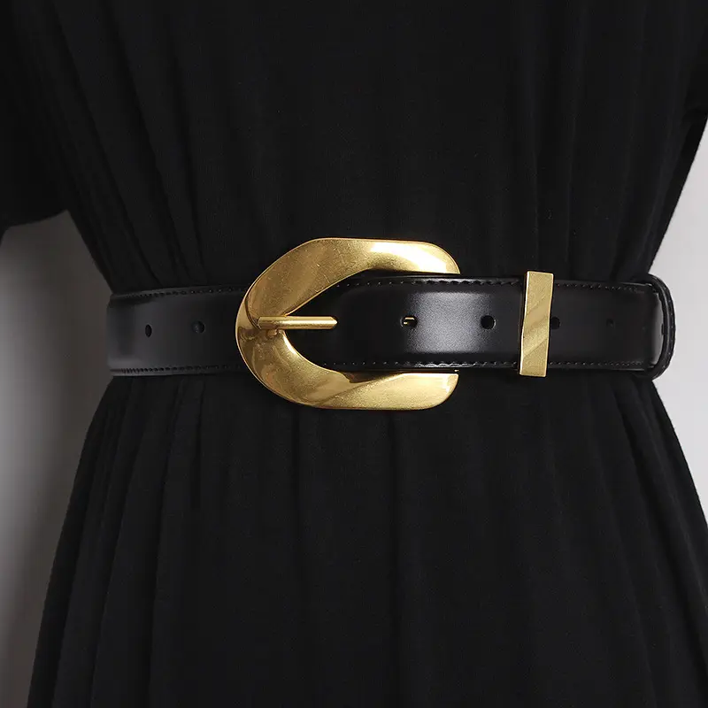 Cinturón de cuero genuino con hebilla grande y personalidad a la moda para mujer, cinturón con hebilla dorada de diseñador, cinturón accesorio para gabardina
