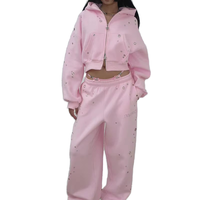 Ensemble de survêtements oversize en molleton bouclette épais avec épaules tombantes, œillets et rivets, comprenant un sweat à capuche court pour femme