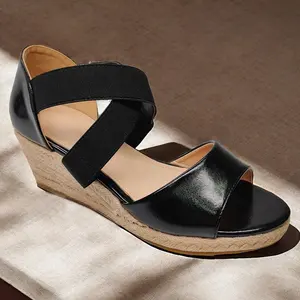 Sandálias de corda de cânhamo moda cunha dedo do pé redondo sapatos luxuosos para senhoras salto alto elástico sandálias para praia ao ar livre