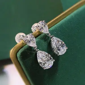 925 Sterling Silver Rhodium Plated 2-Stone Pear Cut Cubic Zirconia CZ Dangle Drop Earrings for Women