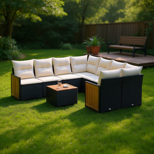 Ensemble de canapés de patio en polyrotin noir avec coussins, 8 places, mobilier de jardin, design contemporain, accents en bois de teck - Product Image 2