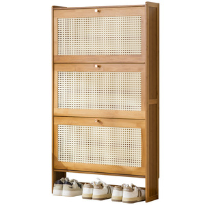 Japanese Style Rattan <b>Shoe</b> Cabinet Ultra Thin Flip Top Space Saving Entryway <b>Storage</b> For Home Small Apartments - Product Image 5