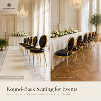 Chaise de banquet empilable en acier inoxydable doré avec dossier rond et coussin rond en cuir PU noir pour événements de mariage