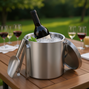 Cubo de hielo de acero inoxidable de 3L con doble pared aislante, tapa, cuchara y colador para vino, champán, cerveza, uso en fiestas. - Product Image 2