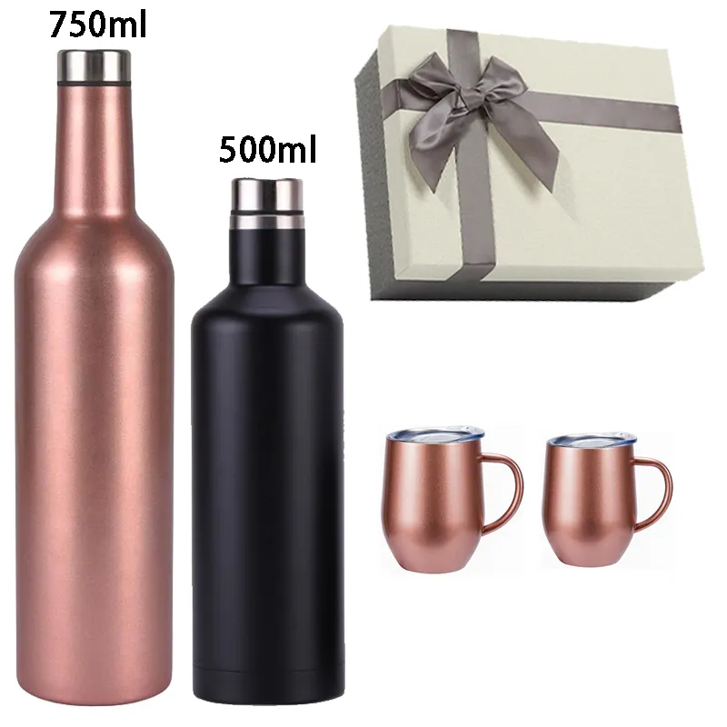 Benutzer definiertes Logo Kunststoff Vakuum flasche Set Geschenk box Glas 500ml Isoliert 24 Stunden heiß und kalt Wein becher 12oz rosa blau schwarz