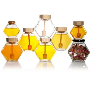 Custom/ Free Sample 120 Ml 220 Ml Empty Hexagon Honey Glass Jars With Dipper Bamboo Lid