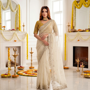 AARA Fashion Cream Silk Saree with <b>Gold</b> Embroidery and Yellow <b>Blouse</b> for Wedding Women Traditional Floor Length India Pakistan - Product Image 1
