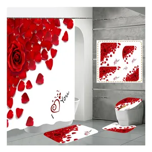 高品质浪漫情人节数码印花浴室浴帘套装地毯