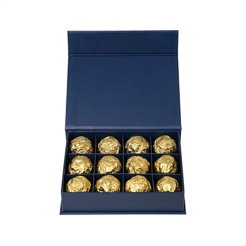 Schnelle Lieferung auf Lager Blaue Schokoladen verpackung Gitf-Papier box mit Trennwänden und Kissen für 12-teilige Schokoladen verpackung