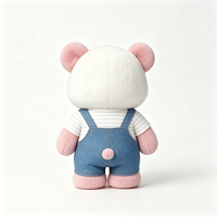 Peluche Panda Blanc Adorable avec Oreilles Roses, Jolie Poupée Panda Rembourrée Portant une Chemise et un Salopette en Jean Bleu, Peluche Panda Douce