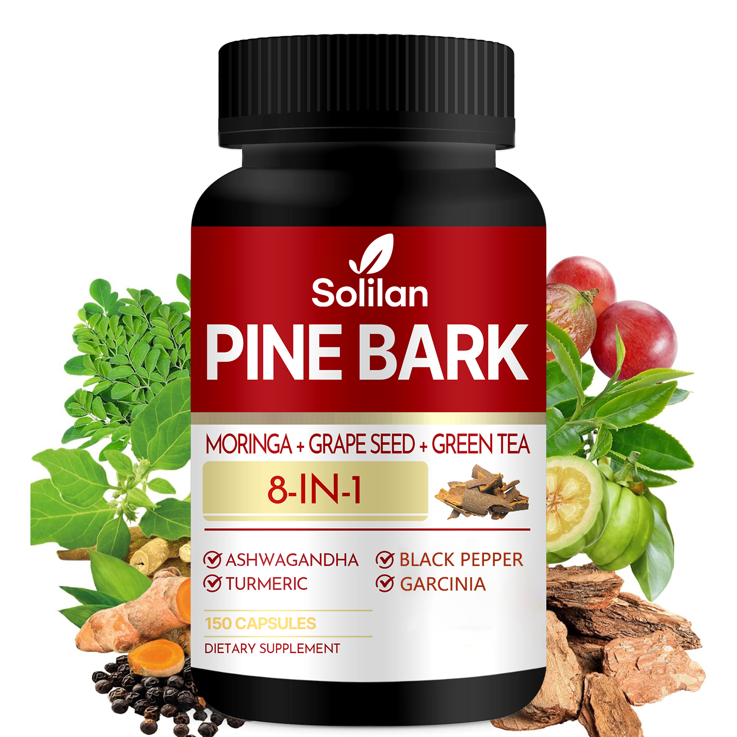 Solilan OEM ODM Label Pine Bark Capsules with Ashwagandha Turmeric Green Tea Garcinia Cambogia Moringa Grape Seed & Black Pepper