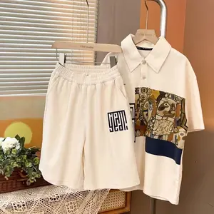 New Style Teen Boys Summer Printed Polo Shirt With Casual Letter Shorts 2 Pcs Clothing Set