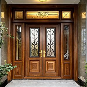 Porte double en bois massif pour entrée principale de villa, très vendue en Amérique du Nord – Porte d'entrée en bois et verre en noyer massif et MDF - Product Image 1