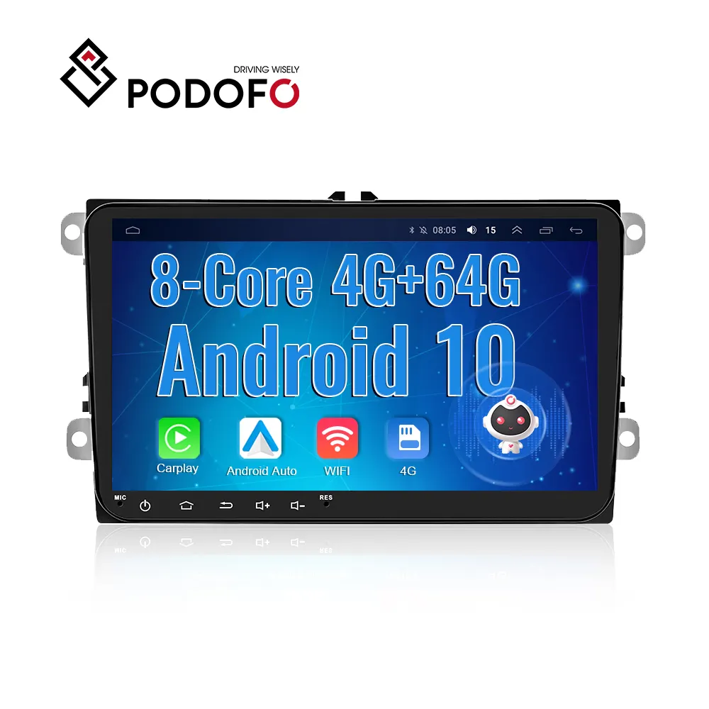 Podofo 4 64GB8コアAndroid10カーラジオ9インチIPSスクリーン2 Din AI Voice Carplay Hi-Res GPSBTFor VW/Golf/Skoda/Seat/Passat B6
