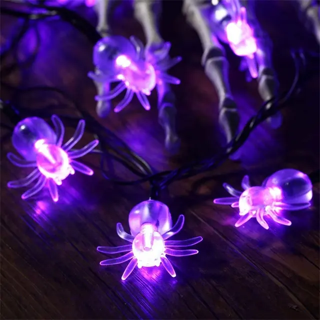 Led Spider String Lights Halloween Decorative Lights Purple Colorful White Battery Glowing Spider for Outdoor Indoor Decoration