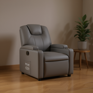 Modern Gray Faux Leather Recliner <b>Chair</b> <b>High</b> <b>Back</b> Padded <b>Arms</b> Manual Operation Wood Frame Foam Filled - Product Image 2