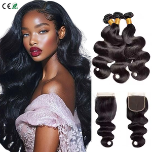 Extensions de cheveux humains 100% brésiliens non Remy de haute qualité, ondulation naturelle, trame de 3 paquets, fermeture en dentelle HD 4x4, noir naturel pré-traité - Product Image 1