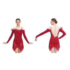 Robe de patinage artistique pour femme, ornée de strass, corsage froncé, jupe à volants, manches longues en maille transparente, pour compétition et performance, personnalisable - Product Image 2