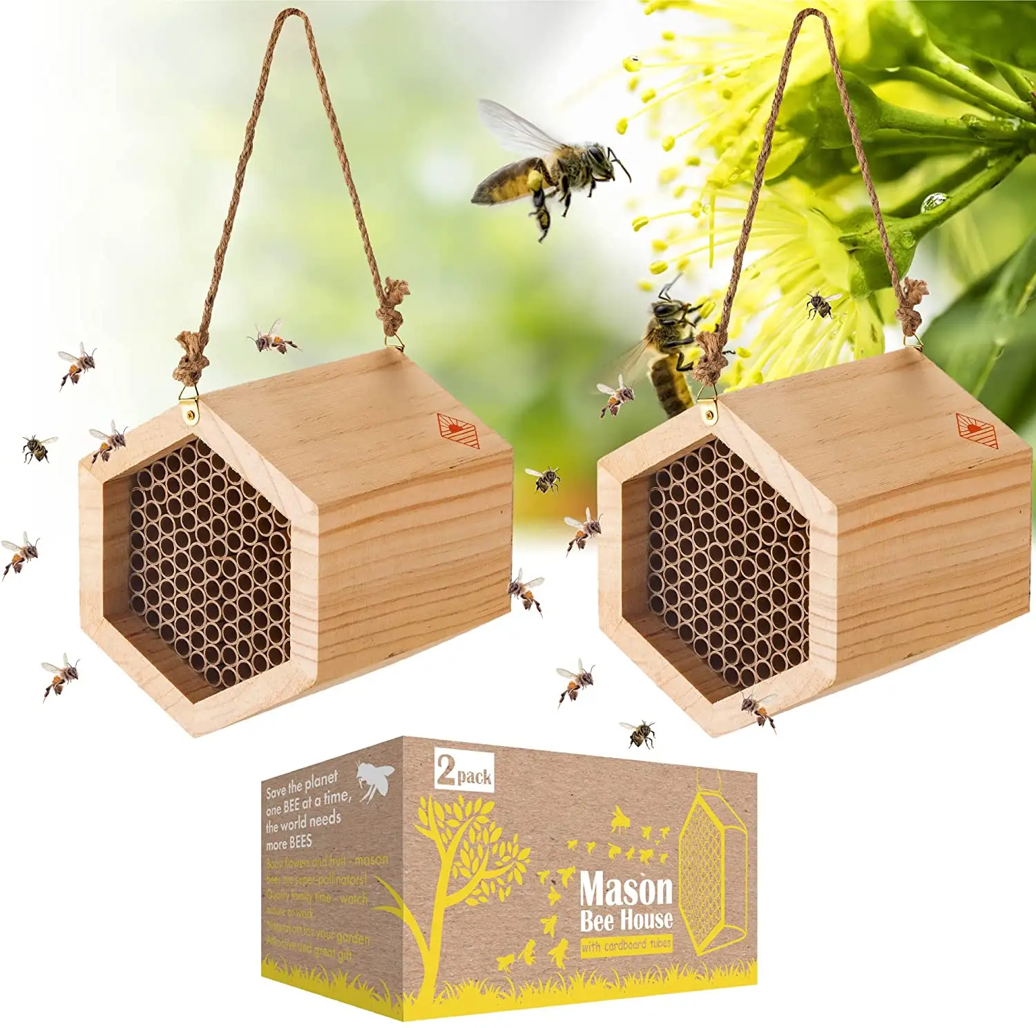 JUNJI — maison d'abeille en bois pour l'extérieur, Tubes, nid d'abeilles, décoration de jardin, 2 pièces